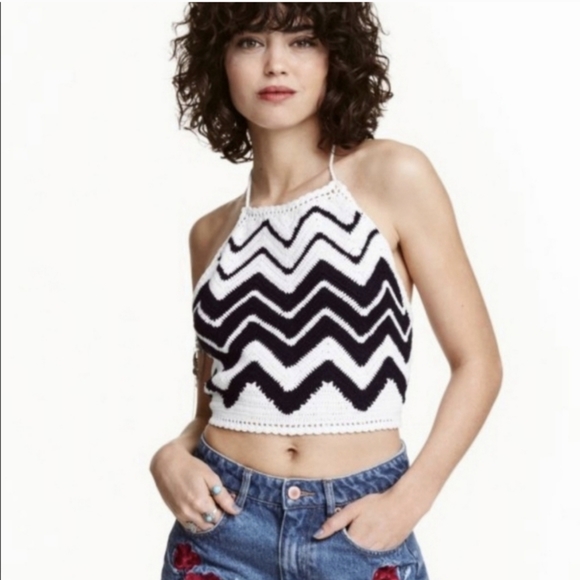 🦋 3 for $20!!!H&M X Coachella Medium Black & White Halter Top Crochet Hippie - Picture 5 of 13